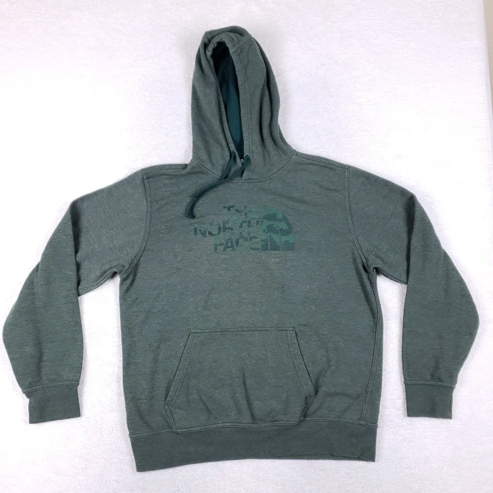 The North Face Mens L Hoodie Green Camo Logo Pullover Sweatshirt Gorpcore